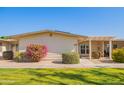 Tan single story home with landscaped yard and covered patio at 10429 W Highwood Ln, Sun City, AZ 85373