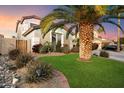 Landscaped front yard with a large palm tree and well-maintained lawn at 10730 E Medina Ave, Mesa, AZ 85209