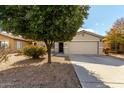 Tan house with a two-car garage and driveway, surrounded by trees and bushes at 1615 E Maddison Cir, San Tan Valley, AZ 85140