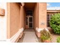 Inviting front entrance featuring a secure screen door, stylish sidelight window, and clear address at 18001 N 53Rd St, Scottsdale, AZ 85254