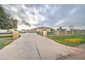 Long concrete driveway leading to a stucco home, with a fenced yard and mature trees at 1716 S 141St Pl, Gilbert, AZ 85295