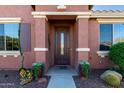 Attractive entryway with a dark wood door and planters at 42621 W Heavenly Pl, Maricopa, AZ 85138