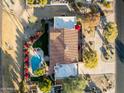 Bird's-eye view of a stunning home with a private pool and lush landscaping at 8502 E Country Club Trl, Scottsdale, AZ 85255