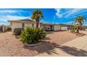 Well-maintained single-story home featuring desert landscaping with rocks, plants and a palm tree at 5433 E Dodge St, Mesa, AZ 85205