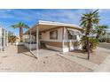Tan mobile home with carport, steps, and palm trees at 11411 N 91 Ave # 56, Peoria, AZ 85345