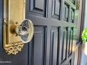 Close up of front door featuring a crystal door knob set in an ornate gold-colored plate at 10120 E Topaz Dr, Scottsdale, AZ 85258