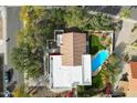 Aerial view of house, showcasing a beautiful pool, patio area, landscaping, and tile roof at 9504 E Sunnyside Dr, Scottsdale, AZ 85260