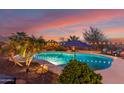 Backyard pool with palm trees, outdoor lighting, and chairs at dusk at 20914 W Cora Vis, Buckeye, AZ 85396