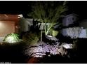 Night view of a home's landscaped front yard with decorative rock and lighting illuminating a young tree at 41532 N Clear Crossing Rd, Anthem, AZ 85086
