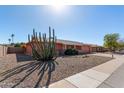 Single story home with peach stucco exterior, two-car garage, and a large cacti at 11029 W Meade Dr, Sun City, AZ 85351