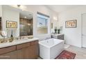 Spa-like bathroom with double vanity, soaking tub, and walk-in shower at 23491 N 125Th Pl, Scottsdale, AZ 85255