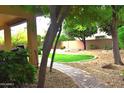 Lush backyard featuring a stone pathway, mature trees, and green lawn at 7712 S 25Th Ave, Phoenix, AZ 85041