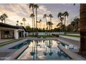 Beautiful backyard pool area with palm trees and modern outdoor lounge furniture at 6302 E Hillcrest Blvd, Scottsdale, AZ 85251