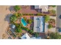 Top-down view of a private backyard featuring a sparkling pool surrounded by desert landscaping and native trees at 14264 S Baniff Ln, Arizona City, AZ 85123