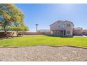 Large backyard with a well maintained lawn, mature trees, and block wall fencing at 30263 N Bobcat Way, San Tan Valley, AZ 85143