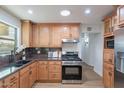 Kitchen featuring stone countertops, black appliances, wood cabinets, and an undermount sink at 3321 E Almeria Rd, Phoenix, AZ 85008