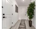 Bright hallway with grey wood floors, white doors and walls, decorative painting and plant at 11441 W La Reata Ave, Avondale, AZ 85392