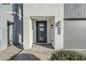 Close-up of a modern front door with glass panels and stylish hardware, set in a bright and welcoming entryway at 3128 E Cheryl Dr, Phoenix, AZ 85028