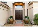 Elegant double front doors flanked by potted plants create a grand entrance at 7327 E Via Estrella Ave, Scottsdale, AZ 85258