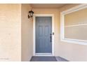 Close-up of the front door with a modern grey finish, secure lock system, and an elegant outdoor sconce at 16029 N 171St Dr, Surprise, AZ 85388