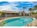 Inviting backyard featuring a sparkling swimming pool, lush palm trees, and a secure fence, perfect for outdoor relaxation at 8608 E Vernon Ave, Scottsdale, AZ 85257