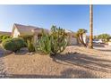 Single-story home with desert landscaping featuring cactus, palm trees, and decorative rocks at 22120 N Old Mine Rd, Sun City West, AZ 85375