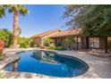 Sparkling backyard pool with a meticulously landscaped yard and mature palm trees at 10500 E Mission Ln, Scottsdale, AZ 85258