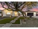 Elegant front exterior with lush lawn, a large shade tree, and a paved walkway leading to the home's entrance at 8418 W Louise Ct, Peoria, AZ 85383