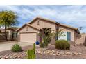 This desert home features a two-car garage and xeriscaping with mature trees, cacti and shrubbery at 8204 W Tonto Ln, Peoria, AZ 85382