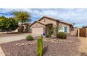 This desert home features a two-car garage and xeriscaping with mature trees, cacti and shrubbery at 8204 W Tonto Ln, Peoria, AZ 85382