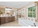 Bright bathroom with a tub, glass-enclosed shower, and a window overlooking the backyard at 964 S Henry Ln, Gilbert, AZ 85296