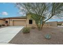 Attractive single-story home featuring a two-car garage and a xeriscaped front yard with mature landscaping at 17555 W Glenhaven Dr, Goodyear, AZ 85338