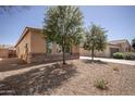 Attractive single-story home with desert landscaping, trees, and a stone accent wall at 10859 E Thatcher Ave, Mesa, AZ 85212