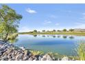 Scenic view of a tranquil pond on the golf course, complete with rock borders and lush greenery at 33575 N Dove Lakes Dr # 2036, Cave Creek, AZ 85331