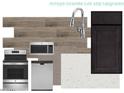 A kitchen upgrade layout showcases stainless steel appliances and modern countertop and flooring samples at 1191 E Ridgerock St, Casa Grande, AZ 85122