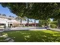 Lush backyard featuring a sparkling pool, manicured lawn, mature trees, and a charming outdoor seating area at 6221 E Vista Dr, Paradise Valley, AZ 85253