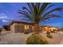 View of the landscaped front yard with gravel, greenery, and a mature palm tree at 15558 W Big Sky Dr, Surprise, AZ 85374