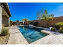 Backyard pool area boasts pristine water, surrounding patio, mature plants and privacy fence at 4330 S Neutron --, Mesa, AZ 85212