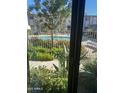 Inviting view of the community pool through the window with lush landscaping and clear blue water at 3637 E Monterosa St # 5, Phoenix, AZ 85018