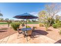 Charming patio featuring an outdoor dining set with a blue umbrella and views of the golf course at 23034 N Pedregosa Dr, Sun City West, AZ 85375