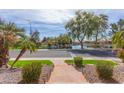 Scenic street view showcasing a community lake, mature trees, and lush landscaping at 450 E Alamosa Dr, Chandler, AZ 85249