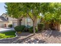 This single-story home features beautiful drought-resistant landscaping and desert-friendly accents at 6993 S Ruby Dr, Chandler, AZ 85249