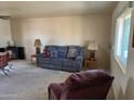 Cozy living room featuring plush carpet, ample seating, and a large window for natural light at 10013 W Alabama Ave, Sun City, AZ 85351