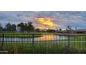 Scenic view of the community pond with lush green grass, purple flowers, and a golden sunset in the background at 9360 E Milagro Ave, Mesa, AZ 85209