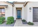 Charming home featuring a blue front door, a covered entry and manicured landscaping at 1291 E La Fortuna Ct, San Tan Valley, AZ 85140