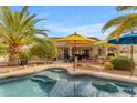 Private backyard featuring a pool, patio, and lush palm trees at 5940 E Taunus Cir, Mesa, AZ 85215