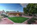 Well-maintained backyard with lush green grass, mature trees, covered patio, and desert landscaping at 9445 S La Rosa Dr, Tempe, AZ 85284