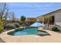 Backyard kidney-shaped pool surrounded by desert landscaping and a concrete patio with a blue umbrella at 12873 N 175Th Dr, Surprise, AZ 85388