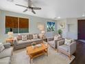 Bright and airy living room features plush seating, ceiling fan, and abundant natural light from multiple windows at 1131 E Catino St, San Tan Valley, AZ 85140