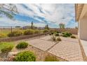 The backyard features low maintenance landscaping, a block wall, wrought iron fence, and a covered patio at 17347 W Chama Dr, Surprise, AZ 85387